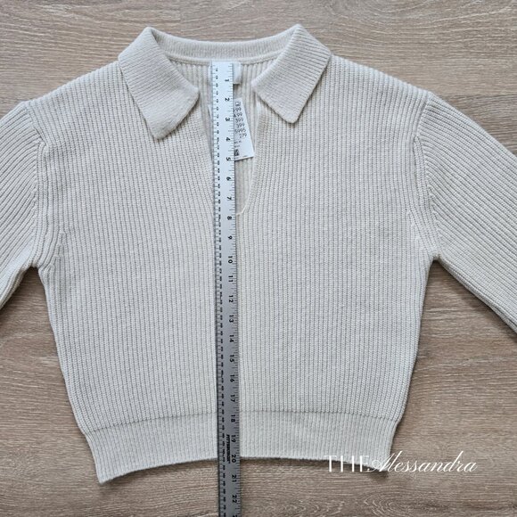 H&M Rib Knit Collared Sweater Long Sleeve Cropped Cream Size Small New With Tags - Picture 4 of 17